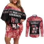 Personalised New Zealand Tiki Christmas Couples Matching Off Shoulder Short Dress and Long Sleeve Button Shirt Ho Ho Ho Paua Shell Glitter Red