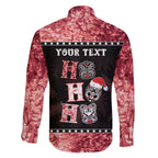 Personalised New Zealand Tiki Christmas Family Matching Off Shoulder Maxi Dress and Hawaiian Shirt Ho Ho Ho Paua Shell Glitter Red