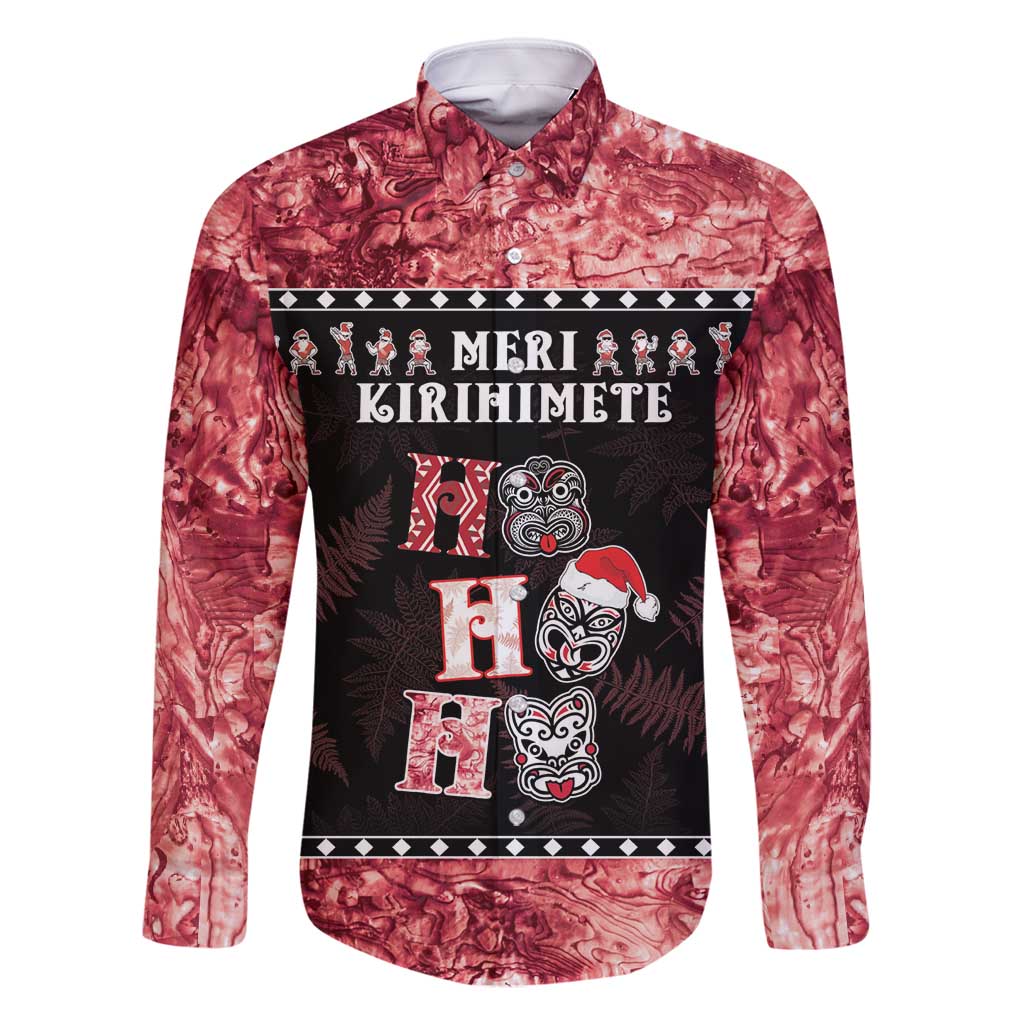 Personalised New Zealand Tiki Christmas Family Matching Off Shoulder Short Dress and Hawaiian Shirt Ho Ho Ho Paua Shell Glitter Red