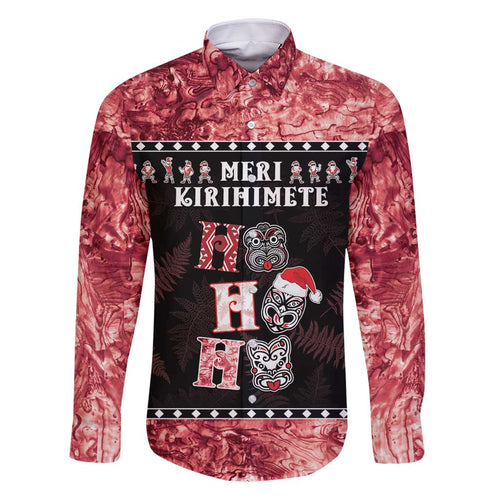 Personalised New Zealand Tiki Christmas Family Matching Off Shoulder Short Dress and Hawaiian Shirt Ho Ho Ho Paua Shell Glitter Red