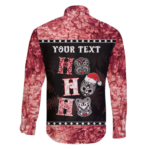 Personalised New Zealand Tiki Christmas Family Matching Off Shoulder Short Dress and Hawaiian Shirt Ho Ho Ho Paua Shell Glitter Red