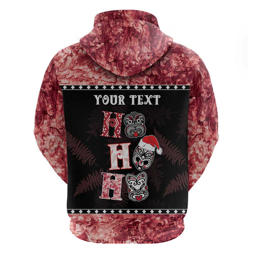 Personalised New Zealand Tiki Christmas Hoodie Ho Ho Ho Paua Shell Glitter Red