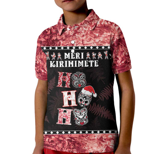 Personalised New Zealand Tiki Christmas Kid Polo Shirt Ho Ho Ho Paua Shell Glitter Red
