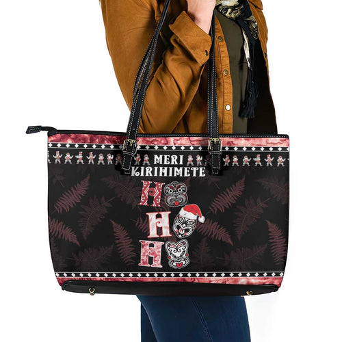 New Zealand Tiki Christmas Leather Tote Bag Ho Ho Ho Paua Shell Glitter Red