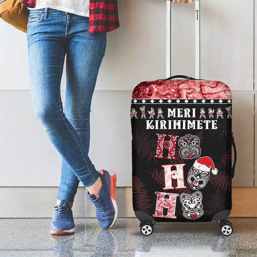 New Zealand Tiki Christmas Luggage Cover Ho Ho Ho Paua Shell Glitter Red