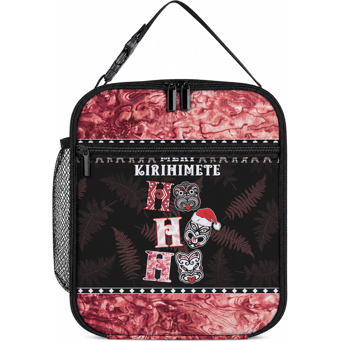 New Zealand Tiki Christmas Lunch Bag Ho Ho Ho Paua Shell Glitter Red