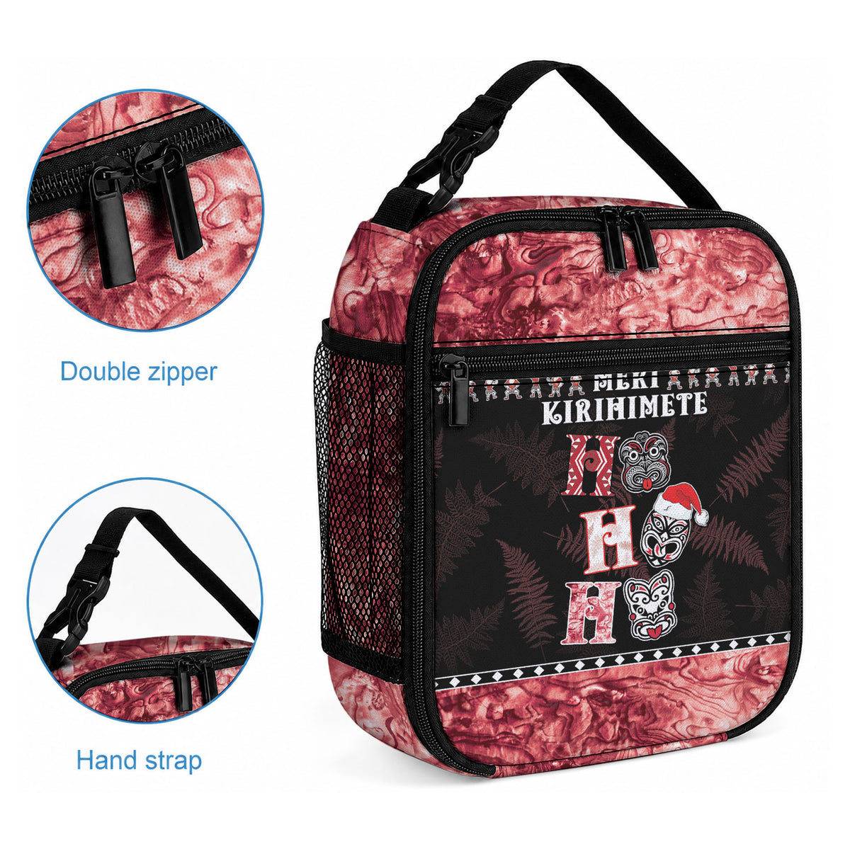 New Zealand Tiki Christmas Lunch Bag Ho Ho Ho Paua Shell Glitter Red