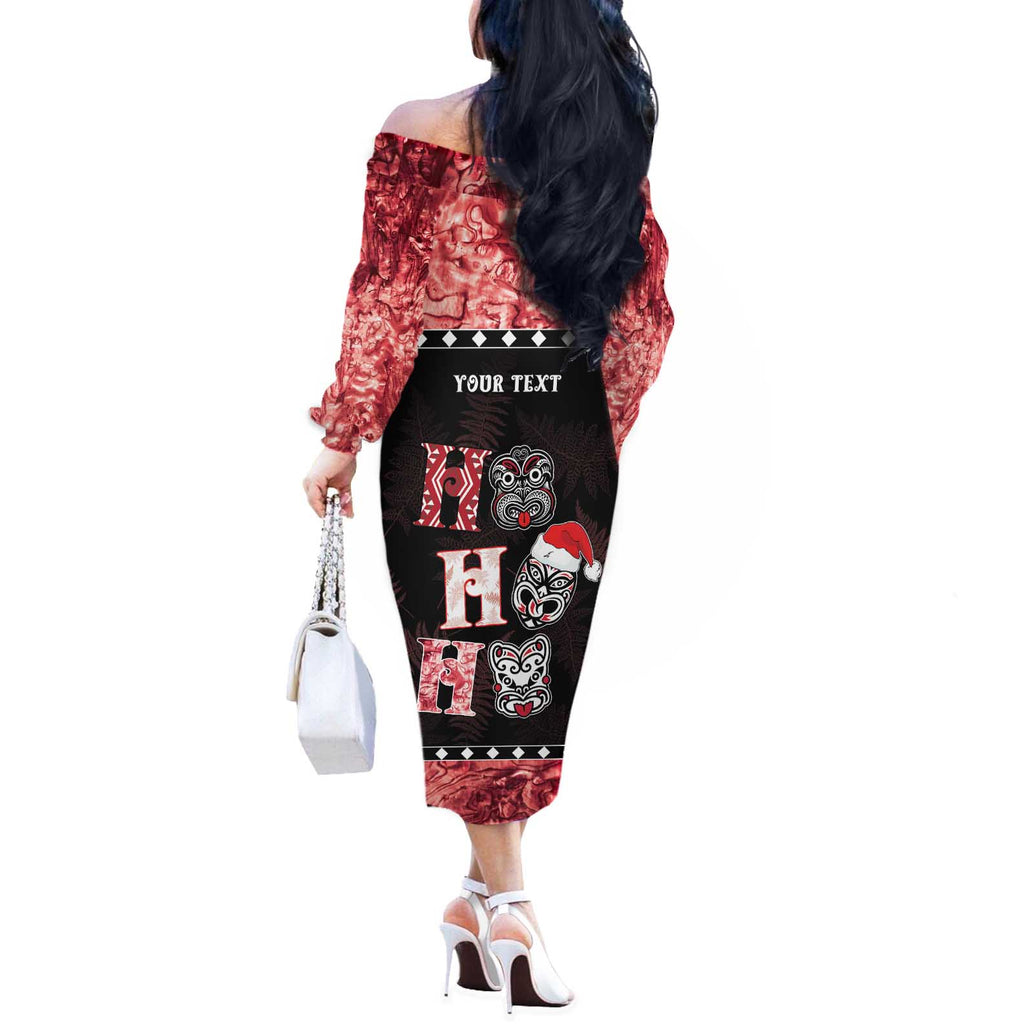 Personalised New Zealand Tiki Christmas Off The Shoulder Long Sleeve Dress Ho Ho Ho Paua Shell Glitter Red