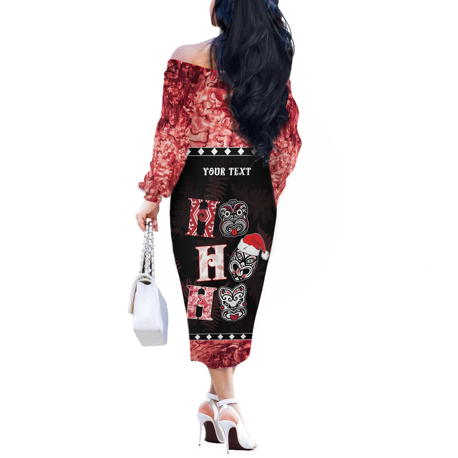 Personalised New Zealand Tiki Christmas Off The Shoulder Long Sleeve Dress Ho Ho Ho Paua Shell Glitter Red