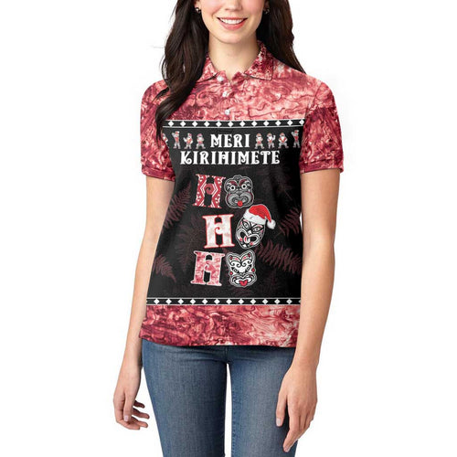 Personalised New Zealand Tiki Christmas Women Polo Shirt Ho Ho Ho Paua Shell Glitter Red