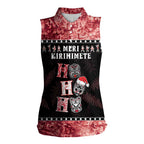 Personalised New Zealand Tiki Christmas Women Sleeveless Polo Shirt Ho Ho Ho Paua Shell Glitter Red