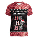 Personalised New Zealand Tiki Christmas Women V-Neck T-Shirt Ho Ho Ho Paua Shell Glitter Red