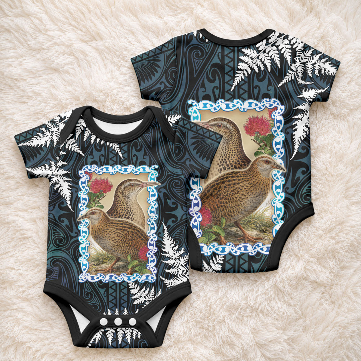 New Zealand Weka Baby Onesie Maori Hen Koru Pattern