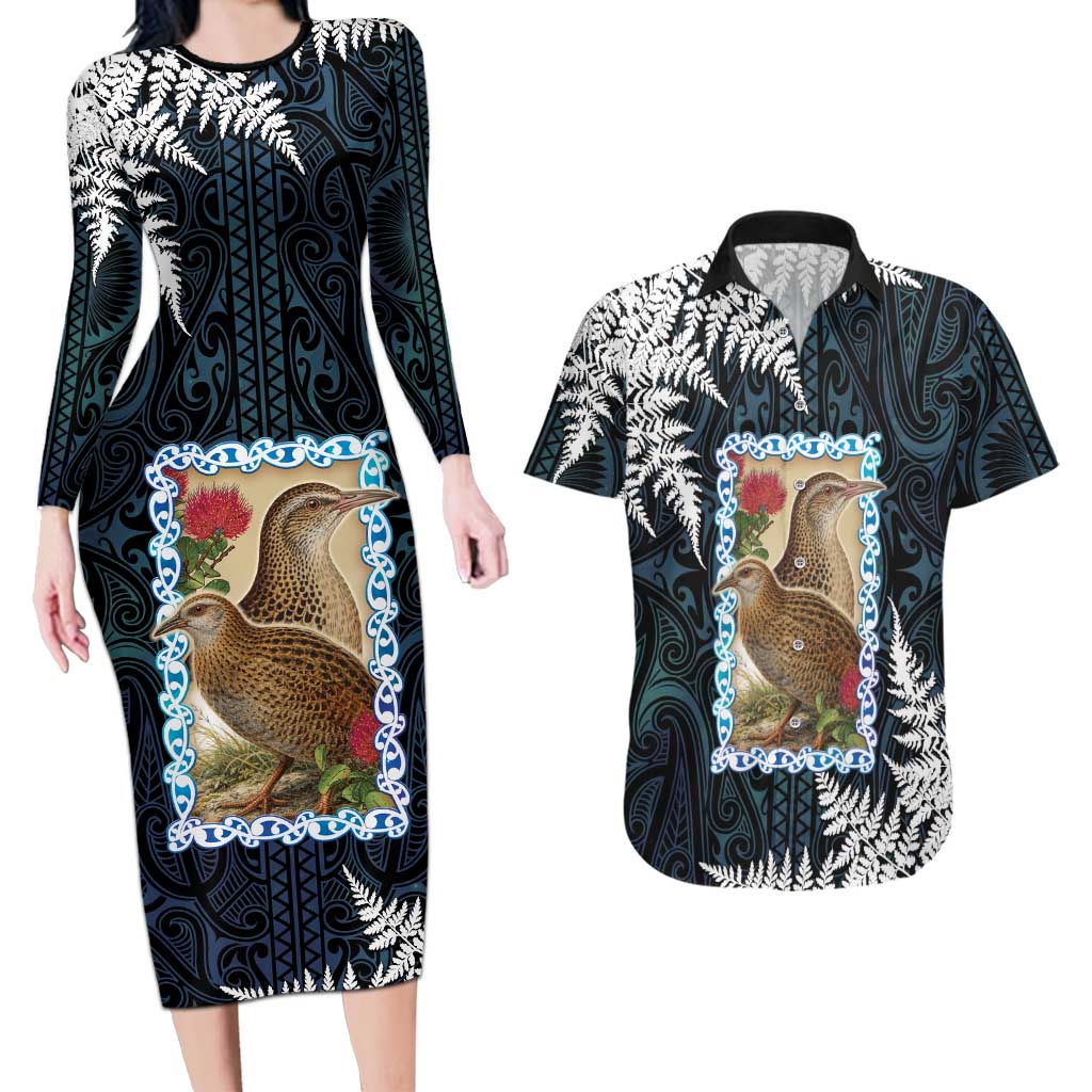 New Zealand Weka Couples Matching Long Sleeve Bodycon Dress and Hawaiian Shirt Maori Hen Koru Pattern - Aussie Hoodie