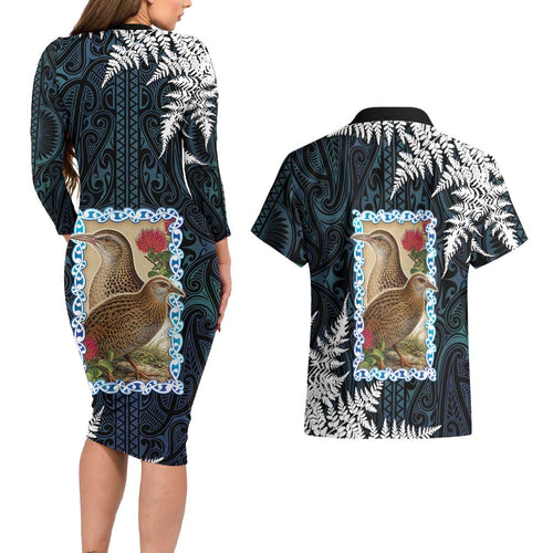 New Zealand Weka Couples Matching Long Sleeve Bodycon Dress and Hawaiian Shirt Maori Hen Koru Pattern - Aussie Hoodie