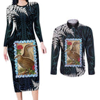 New Zealand Weka Couples Matching Long Sleeve Bodycon Dress and Long Sleeve Button Shirt Maori Hen Koru Pattern - Aussie Hoodie