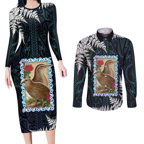New Zealand Weka Couples Matching Long Sleeve Bodycon Dress and Long Sleeve Button Shirt Maori Hen Koru Pattern - Aussie Hoodie