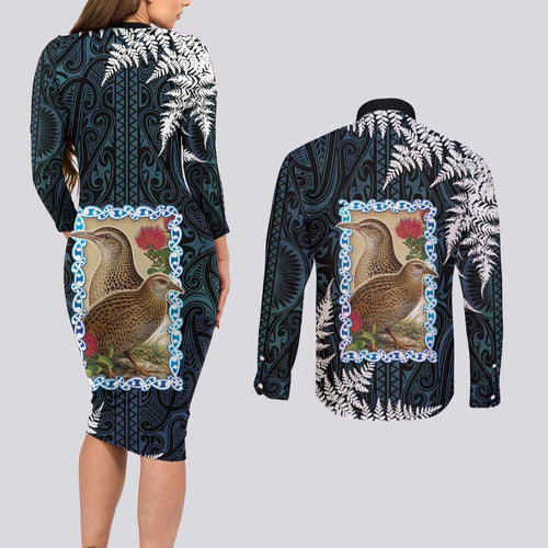 New Zealand Weka Couples Matching Long Sleeve Bodycon Dress and Long Sleeve Button Shirt Maori Hen Koru Pattern - Aussie Hoodie