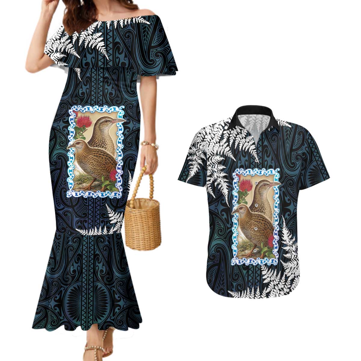 New Zealand Weka Couples Matching Mermaid Dress and Hawaiian Shirt Maori Hen Koru Pattern - Aussie Hoodie