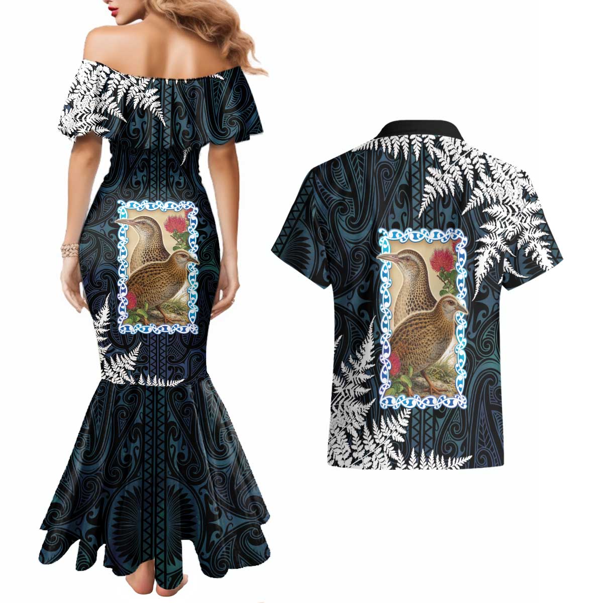 New Zealand Weka Couples Matching Mermaid Dress and Hawaiian Shirt Maori Hen Koru Pattern - Aussie Hoodie