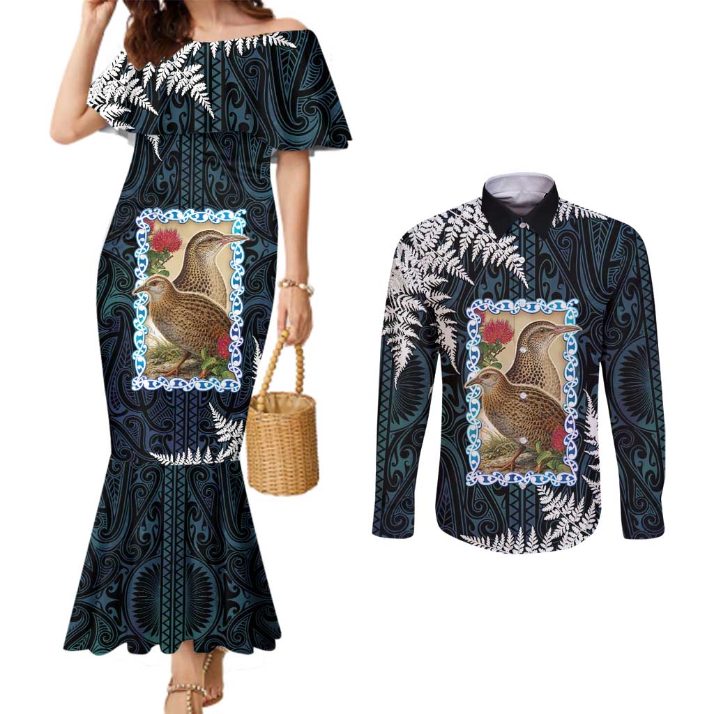 New Zealand Weka Couples Matching Mermaid Dress and Long Sleeve Button Shirt Maori Hen Koru Pattern - Aussie Hoodie