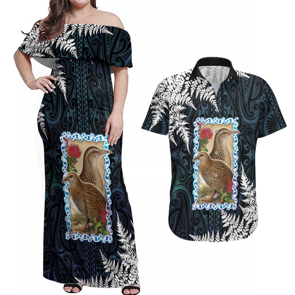 New Zealand Weka Couples Matching Off Shoulder Maxi Dress and Hawaiian Shirt Maori Hen Koru Pattern - Aussie Hoodie