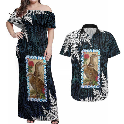 New Zealand Weka Couples Matching Off Shoulder Maxi Dress and Hawaiian Shirt Maori Hen Koru Pattern - Aussie Hoodie