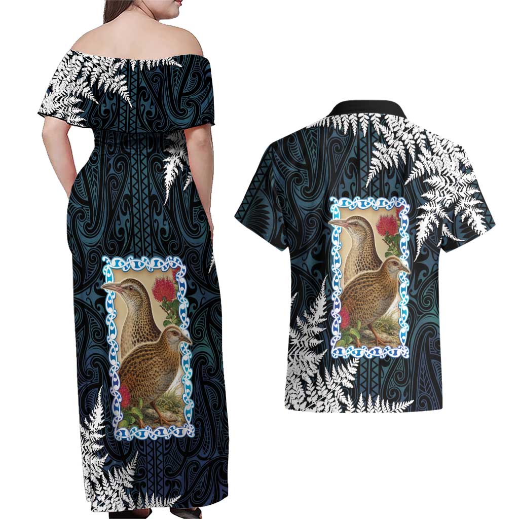 New Zealand Weka Couples Matching Off Shoulder Maxi Dress and Hawaiian Shirt Maori Hen Koru Pattern - Aussie Hoodie
