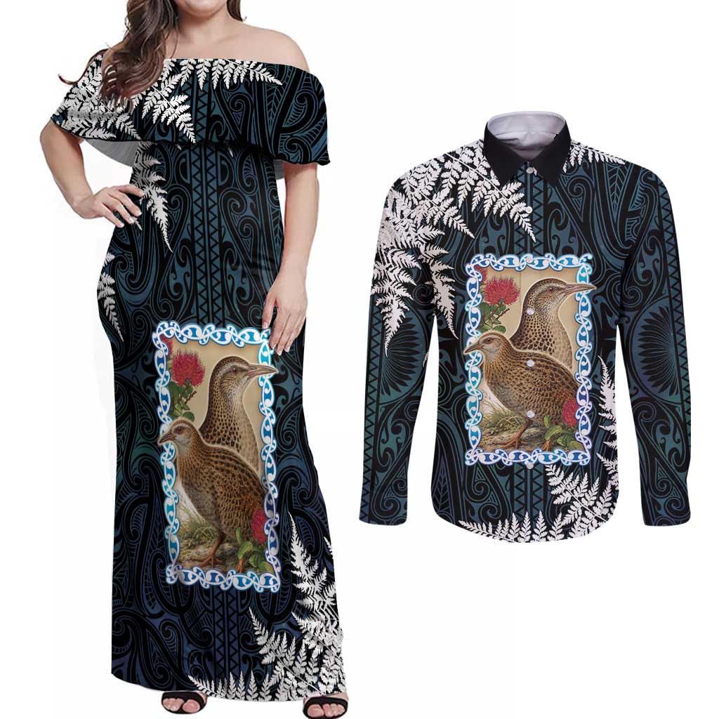 New Zealand Weka Couples Matching Off Shoulder Maxi Dress and Long Sleeve Button Shirt Maori Hen Koru Pattern - Aussie Hoodie