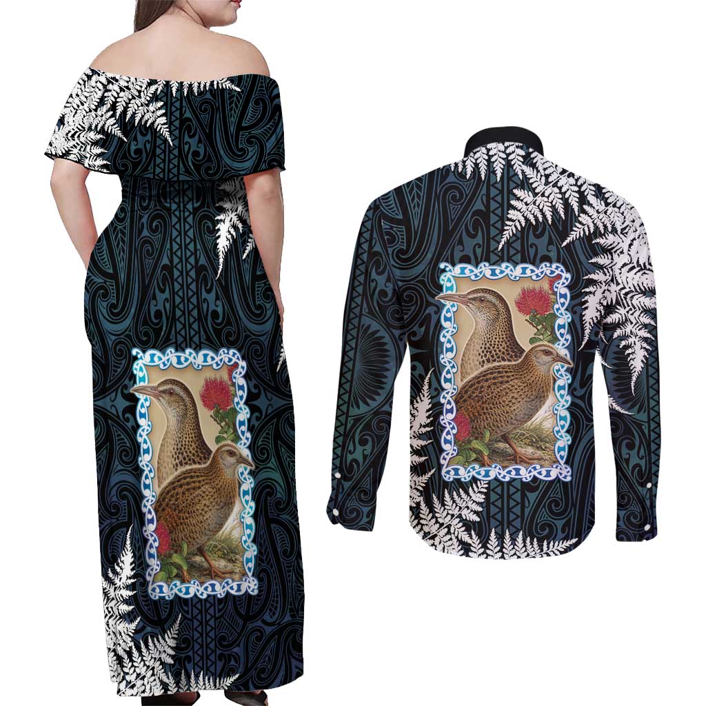 New Zealand Weka Couples Matching Off Shoulder Maxi Dress and Long Sleeve Button Shirt Maori Hen Koru Pattern - Aussie Hoodie