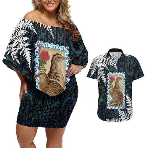 New Zealand Weka Couples Matching Off Shoulder Short Dress and Hawaiian Shirt Maori Hen Koru Pattern - Aussie Hoodie