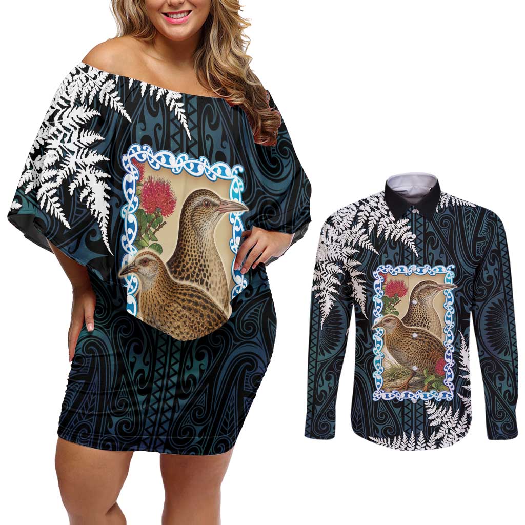 New Zealand Weka Couples Matching Off Shoulder Short Dress and Long Sleeve Button Shirt Maori Hen Koru Pattern - Aussie Hoodie