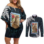 New Zealand Weka Couples Matching Off Shoulder Short Dress and Long Sleeve Button Shirt Maori Hen Koru Pattern - Aussie Hoodie