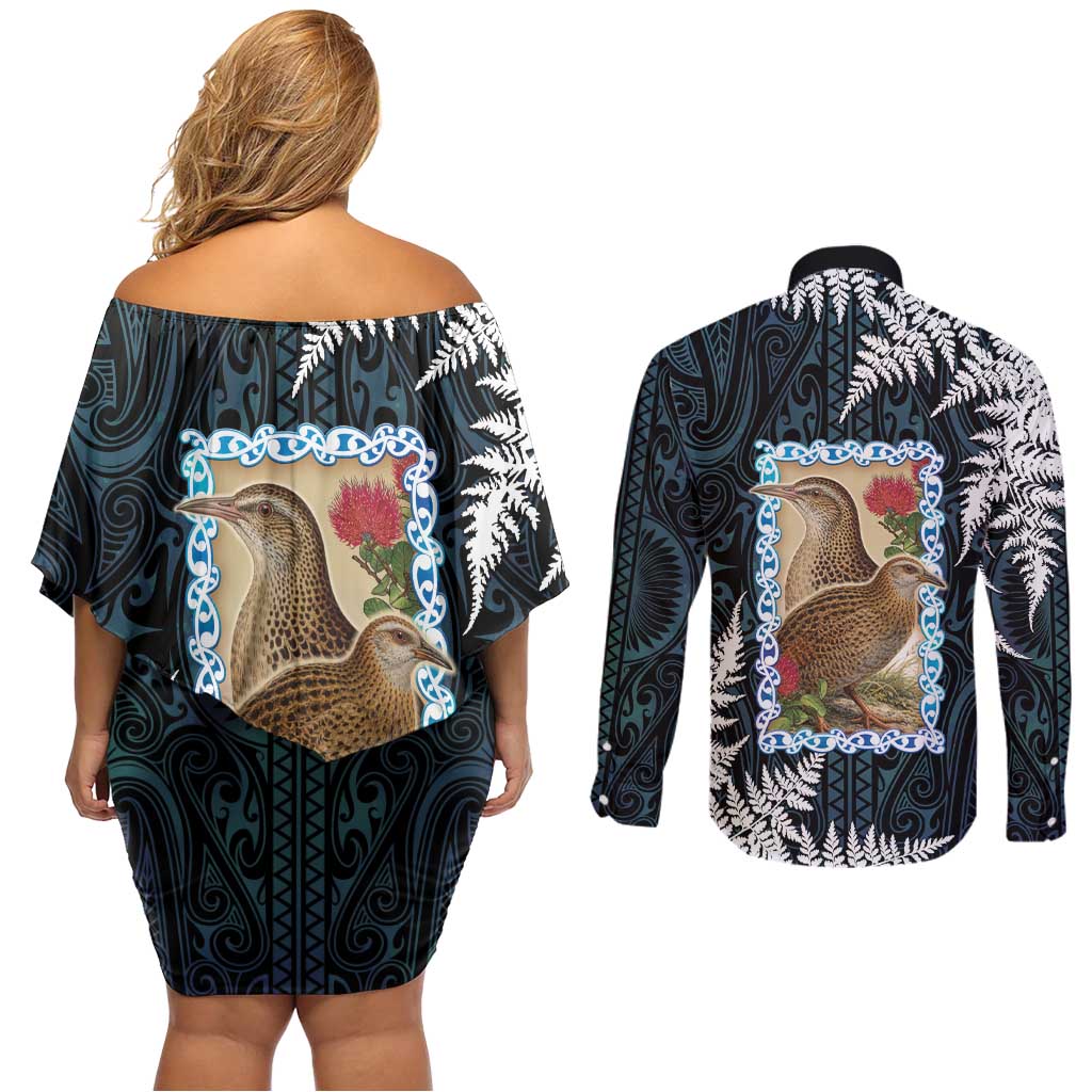 New Zealand Weka Couples Matching Off Shoulder Short Dress and Long Sleeve Button Shirt Maori Hen Koru Pattern - Aussie Hoodie