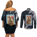 New Zealand Weka Couples Matching Off Shoulder Short Dress and Long Sleeve Button Shirt Maori Hen Koru Pattern - Aussie Hoodie