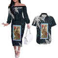 New Zealand Weka Couples Matching Off The Shoulder Long Sleeve Dress and Hawaiian Shirt Maori Hen Koru Pattern - Aussie Hoodie
