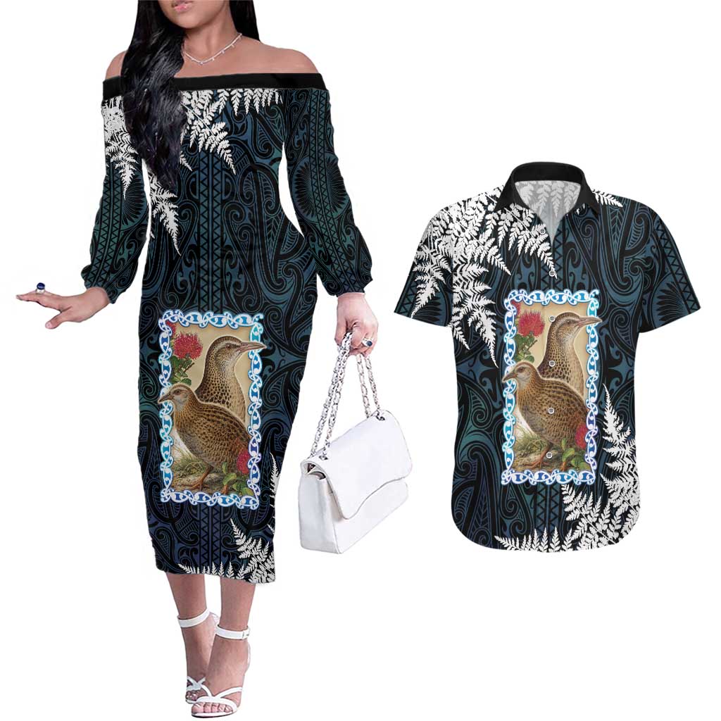 New Zealand Weka Couples Matching Off The Shoulder Long Sleeve Dress and Hawaiian Shirt Maori Hen Koru Pattern - Aussie Hoodie