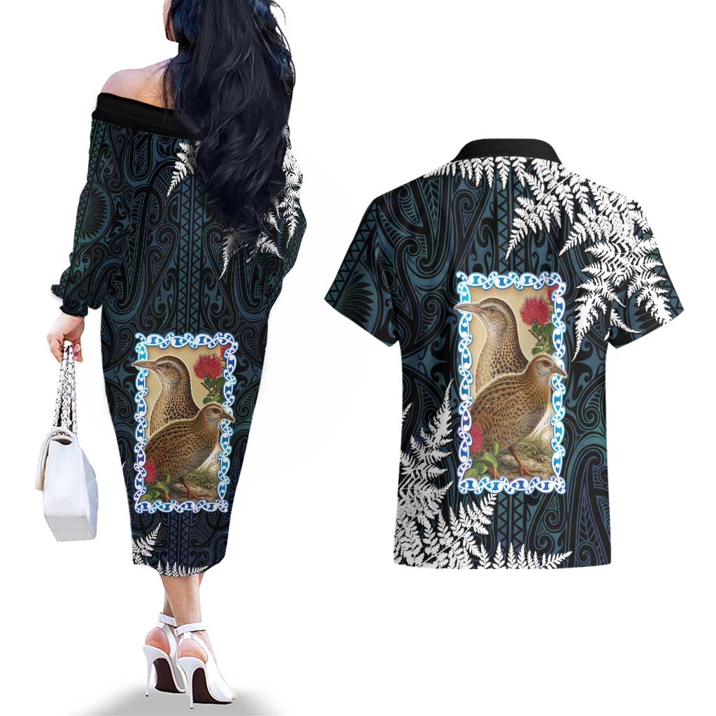 New Zealand Weka Couples Matching Off The Shoulder Long Sleeve Dress and Hawaiian Shirt Maori Hen Koru Pattern - Aussie Hoodie