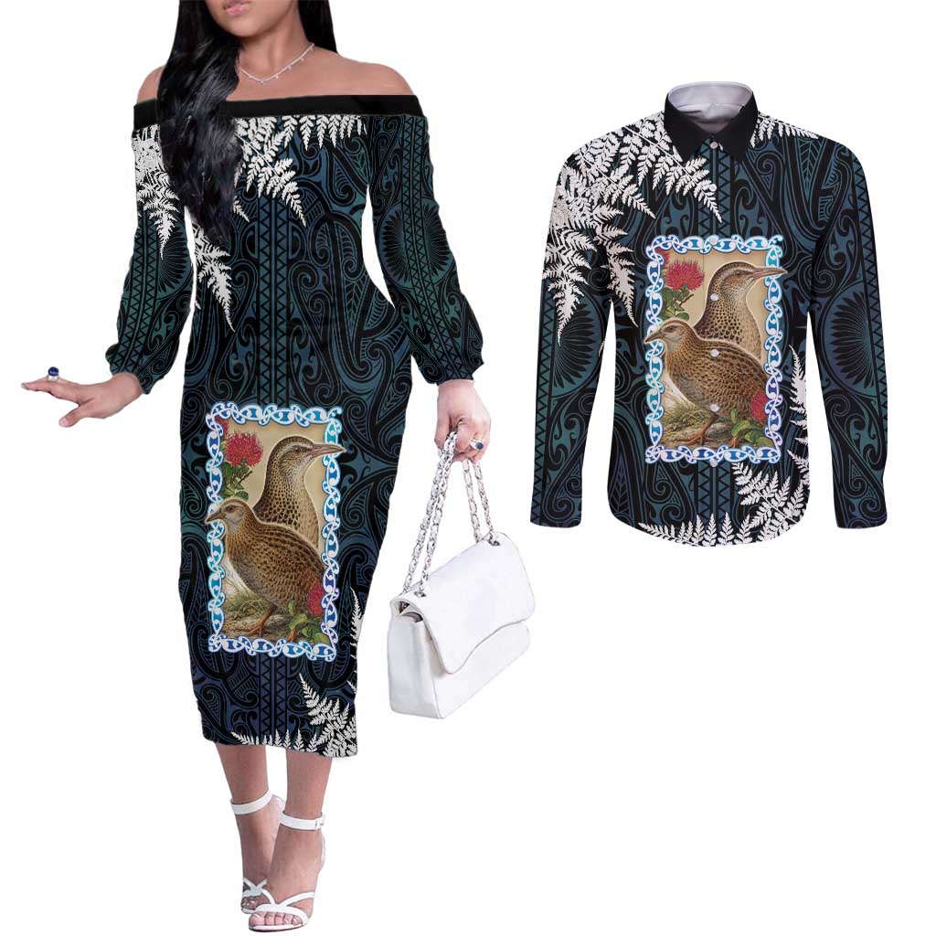 New Zealand Weka Couples Matching Off The Shoulder Long Sleeve Dress and Long Sleeve Button Shirt Maori Hen Koru Pattern - Aussie Hoodie
