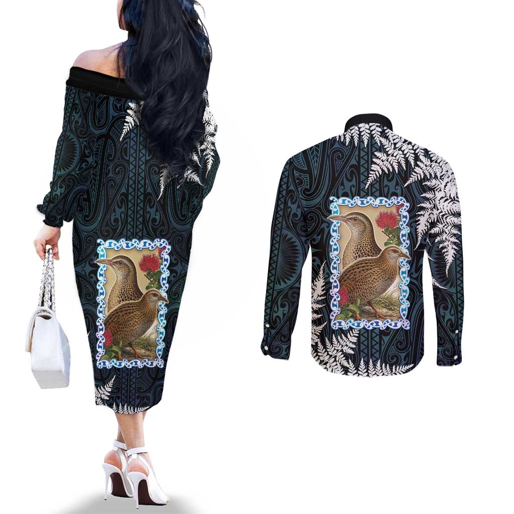 New Zealand Weka Couples Matching Off The Shoulder Long Sleeve Dress and Long Sleeve Button Shirt Maori Hen Koru Pattern - Aussie Hoodie