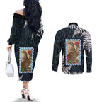 New Zealand Weka Couples Matching Off The Shoulder Long Sleeve Dress and Long Sleeve Button Shirt Maori Hen Koru Pattern - Aussie Hoodie