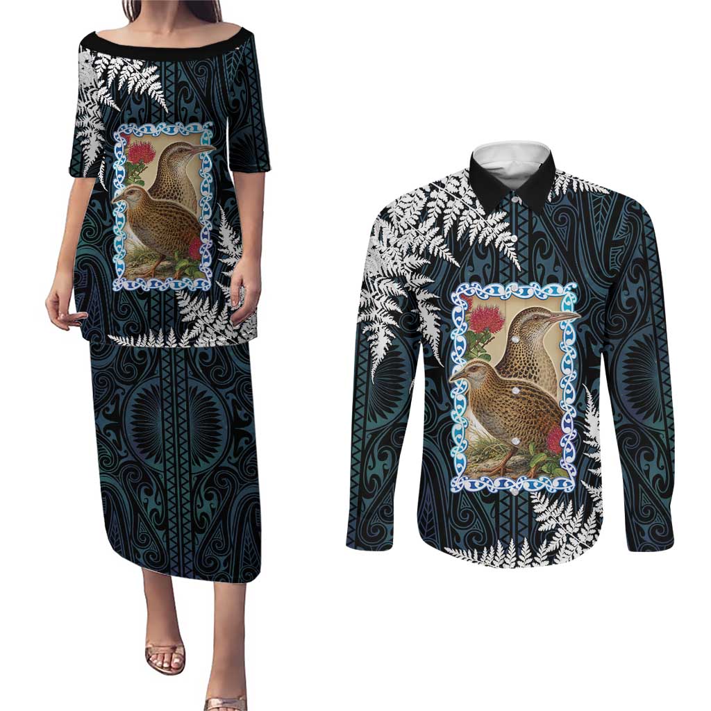 New Zealand Weka Couples Matching Puletasi and Long Sleeve Button Shirt Maori Hen Koru Pattern - Aussie Hoodie