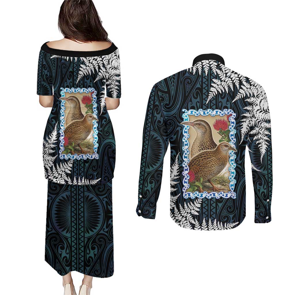 New Zealand Weka Couples Matching Puletasi and Long Sleeve Button Shirt Maori Hen Koru Pattern - Aussie Hoodie