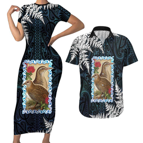 New Zealand Weka Couples Matching Short Sleeve Bodycon Dress and Hawaiian Shirt Maori Hen Koru Pattern - Aussie Hoodie
