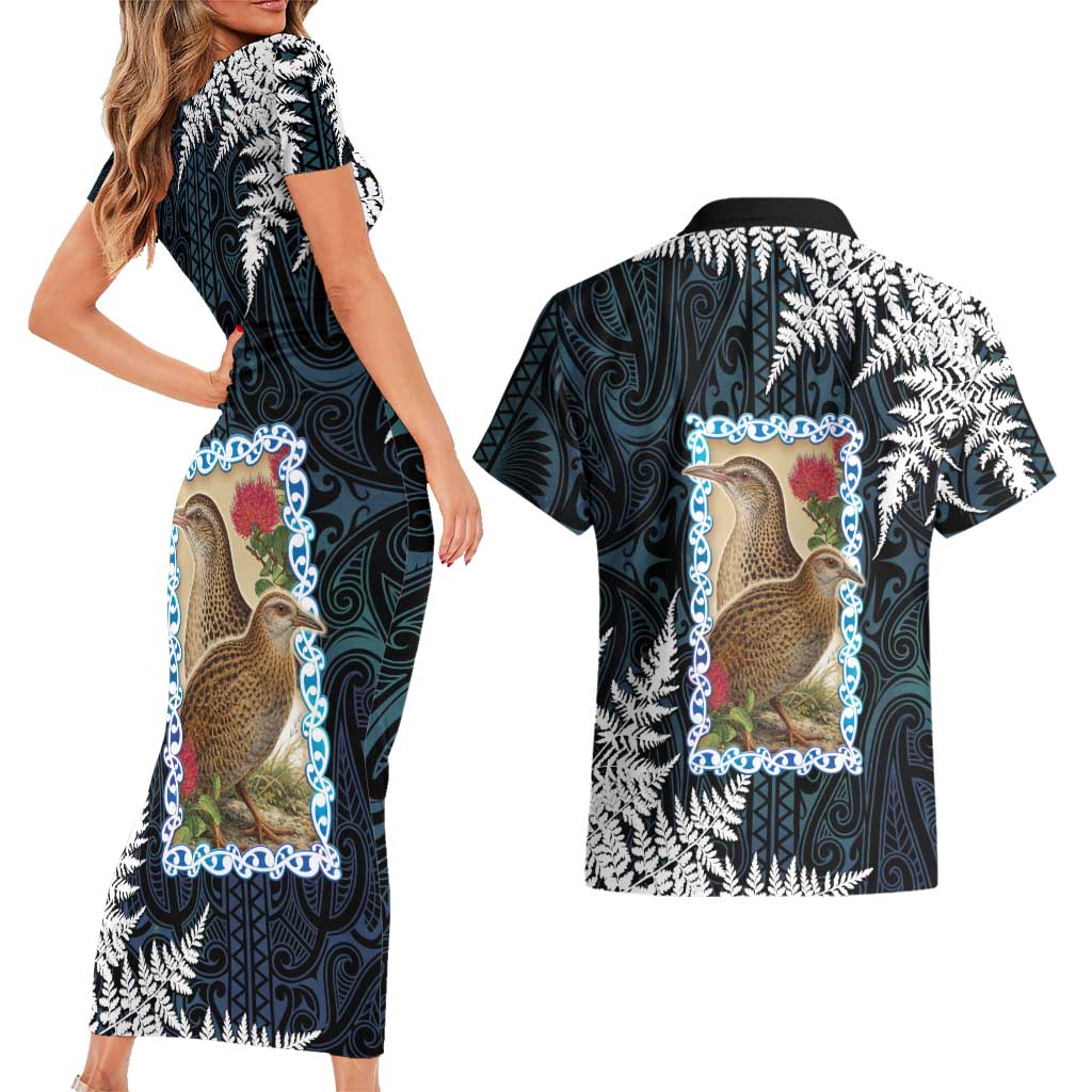 New Zealand Weka Couples Matching Short Sleeve Bodycon Dress and Hawaiian Shirt Maori Hen Koru Pattern - Aussie Hoodie