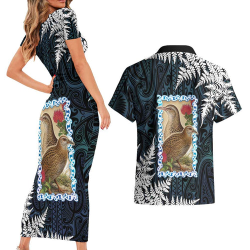 New Zealand Weka Couples Matching Short Sleeve Bodycon Dress and Hawaiian Shirt Maori Hen Koru Pattern - Aussie Hoodie