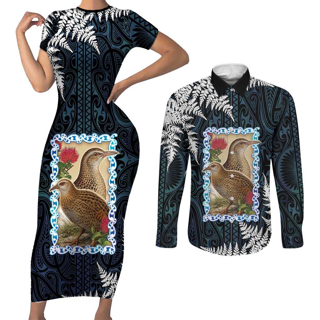 New Zealand Weka Couples Matching Short Sleeve Bodycon Dress and Long Sleeve Button Shirt Maori Hen Koru Pattern - Aussie Hoodie