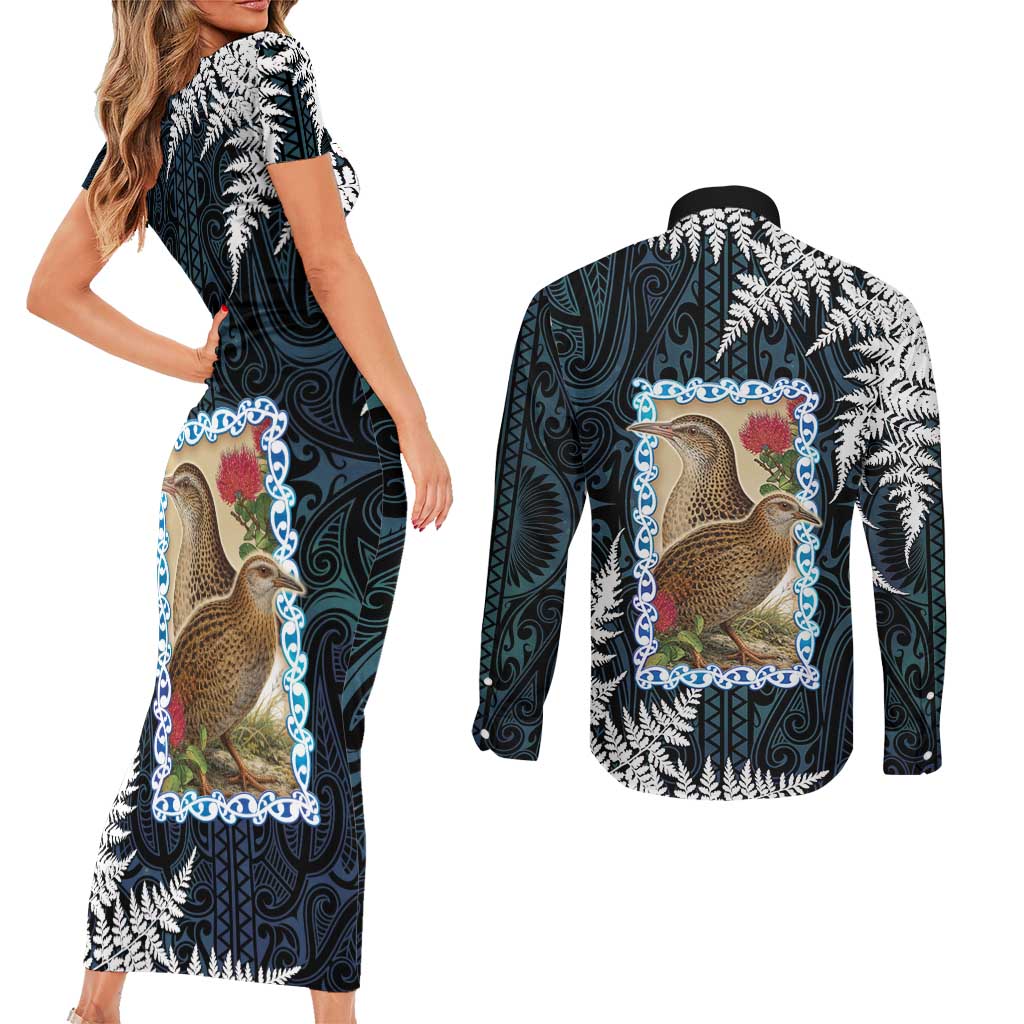 New Zealand Weka Couples Matching Short Sleeve Bodycon Dress and Long Sleeve Button Shirt Maori Hen Koru Pattern - Aussie Hoodie