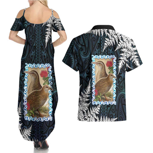 New Zealand Weka Couples Matching Summer Maxi Dress and Hawaiian Shirt Maori Hen Koru Pattern - Aussie Hoodie