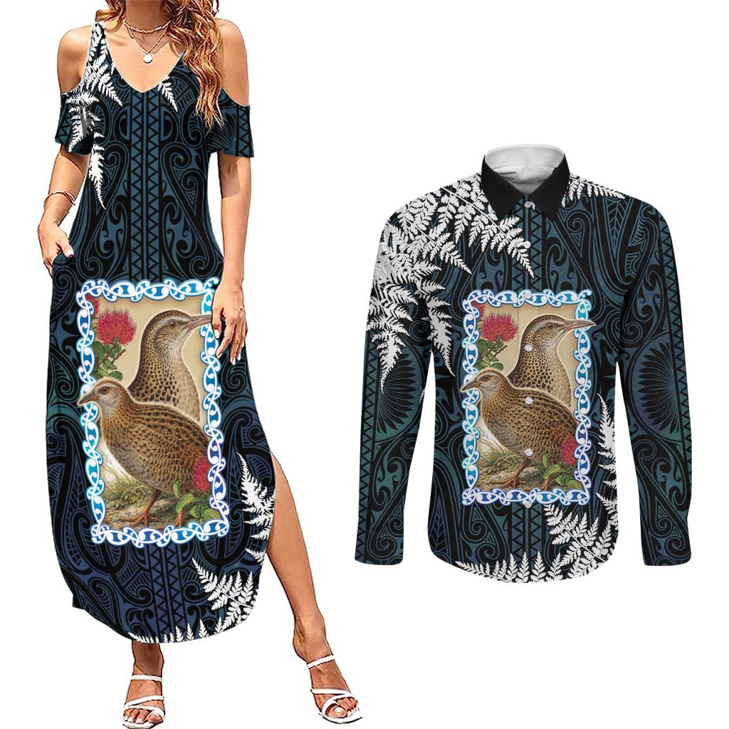 New Zealand Weka Couples Matching Summer Maxi Dress and Long Sleeve Button Shirt Maori Hen Koru Pattern - Aussie Hoodie